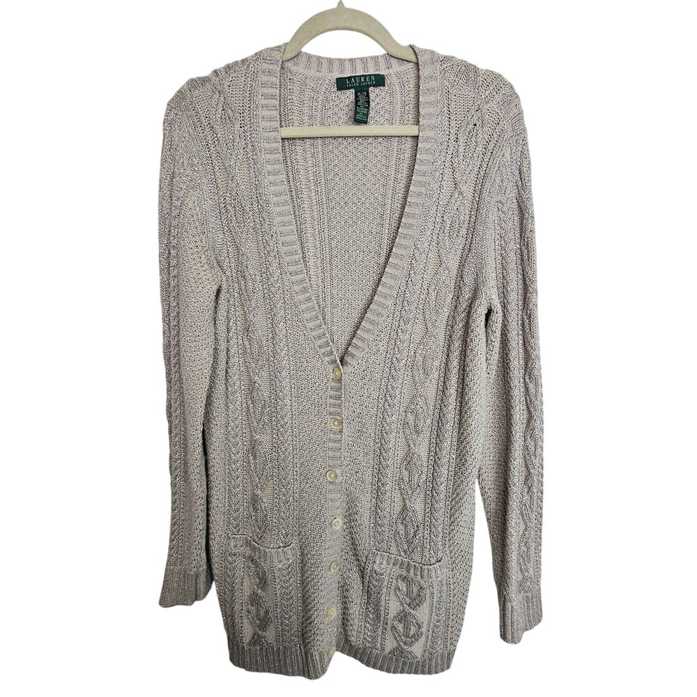 Lauren Ralph Lauren Cable Knit Metallic Cardigan Sweater XL Preppy Old Money